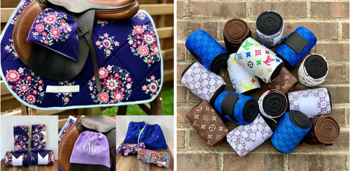 Collection of equestrian saddle pads, polo wraps, stirrup covers, bit warmers, boot trees, and more essentials for horse and rider.