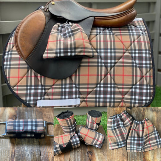 Burberry inspired print tan and black plaid, saddle pad, stirrup cover, polo wraps, and bit warmer